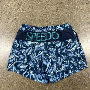 Vintage 90s Speedo Blue Swim Shorts Board Shorts Abstract Graphic AOP (Size L)